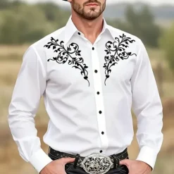 Best OUKU Men's Scroll Floral Print Ethnic Shirt Western Shirt Cowboy Shirt Long Sleeve Vintage Retro Outdoor Vacation Spring Fall Turndown 3D Print Linen Like Shirt Dark Khaki White Dark Blue