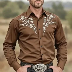 Best OUKU Men's Scroll Floral Print Ethnic Shirt Western Shirt Cowboy Shirt Long Sleeve Vintage Retro Outdoor Vacation Spring Fall Turndown 3D Print Linen Like Shirt Dark Khaki White Dark Blue