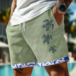 Best OUKU Men's Sea Creatures Sea Turtle Waffle Shorts Sweat Shorts Casual Shorts Mid Waist Hawaiian Vacation Jogging Workout Elastic Drawstring Waist Shorts with Pockets Designer Clothing Apparel