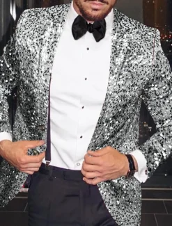 OUKU Men's Sequins Blazer Fashion Disco Blazer Jacket Blazer Plus Size Regular Tailored Fit Single Breasted One-button Silver Gold
