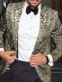 OUKU Men's Sequins Blazer Fashion Disco Blazer Jacket Blazer Plus Size Regular Tailored Fit Single Breasted One-button Silver Gold