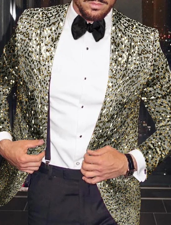OUKU Men's Sequins Blazer Fashion Disco Blazer Jacket Blazer Plus Size Regular Tailored Fit Single Breasted One-button Silver Gold