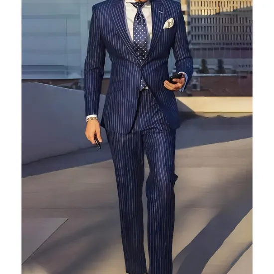 Clearance OUKU Men's Set Blazer Business Cocktail Party Wedding Party Fashion Casual Spring & Fall Polyester Stripes Pocket 2 Piece Comfortable Single Breasted Blazer Black Navy Blue