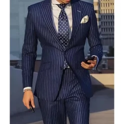 Clearance OUKU Men's Set Blazer Business Cocktail Party Wedding Party Fashion Casual Spring & Fall Polyester Stripes Pocket 2 Piece Comfortable Single Breasted Blazer Black Navy Blue