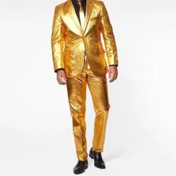 Clearance OUKU Men's Set Blazer Performance Stage Wedding Party Vintage Fashion Spring Autumn / Fall Polyester Solid Color Pocket Glitter Comfortable Single Breasted Blazer Silver Gold