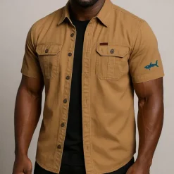 Best OUKU Men's Shark Letter Printed Work Shirt Western Shirt Cargo Shirt Short Sleeve Casual Tactical Sports Outdoor Going out Summer Spring Turndown Graphic Cotton Button Up Shirts Khaki Beige