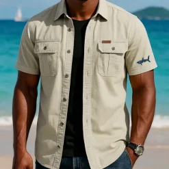 Best OUKU Men's Shark Letter Printed Work Shirt Western Shirt Cargo Shirt Short Sleeve Casual Tactical Sports Outdoor Going out Summer Spring Turndown Graphic Cotton Button Up Shirts Khaki Beige