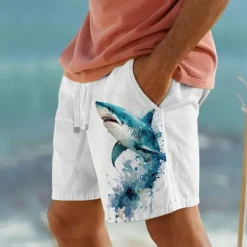 Sale OUKU Men's Shark Sea Creatures Shorts Cotton Linen Shorts Mid Waist Hawaiian Vacation Dailywear Holiday Pocket Drawstring Elastic Waist Designer Clothing Apparel