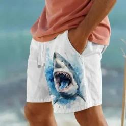 Sale OUKU Men's Shark Sea Creatures Shorts Cotton Linen Shorts Mid Waist Hawaiian Vacation Dailywear Holiday Pocket Drawstring Elastic Waist Designer Clothing Apparel