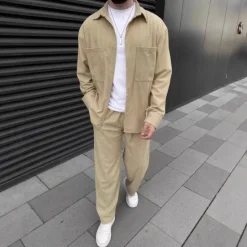 Online OUKU Men's Shirt 2 Piece Shirt Set Matching Sets Casual Shirt Corduroy Shirt Brown Green khaki Gray Light Blue Long Sleeve Solid Color Collar Street Daily Clothing Apparel Fashion Casual Comfortable