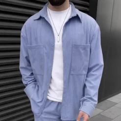 Online OUKU Men's Shirt 2 Piece Shirt Set Matching Sets Casual Shirt Corduroy Shirt Brown Green khaki Gray Light Blue Long Sleeve Solid Color Collar Street Daily Clothing Apparel Fashion Casual Comfortable