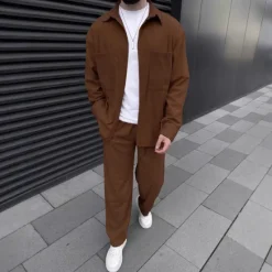 Online OUKU Men's Shirt 2 Piece Shirt Set Matching Sets Casual Shirt Corduroy Shirt Brown Green khaki Gray Light Blue Long Sleeve Solid Color Collar Street Daily Clothing Apparel Fashion Casual Comfortable