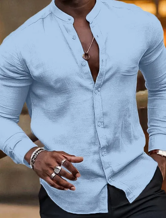 OUKU Men's Shirt Band Collar Shirt Summer Shirt Beach Wear Button Up Shirt Plain Vacation Hawaiian Black White Light Green Pink Long Sleeve Crew Neck Spring & Summer Clothing Apparel Basic