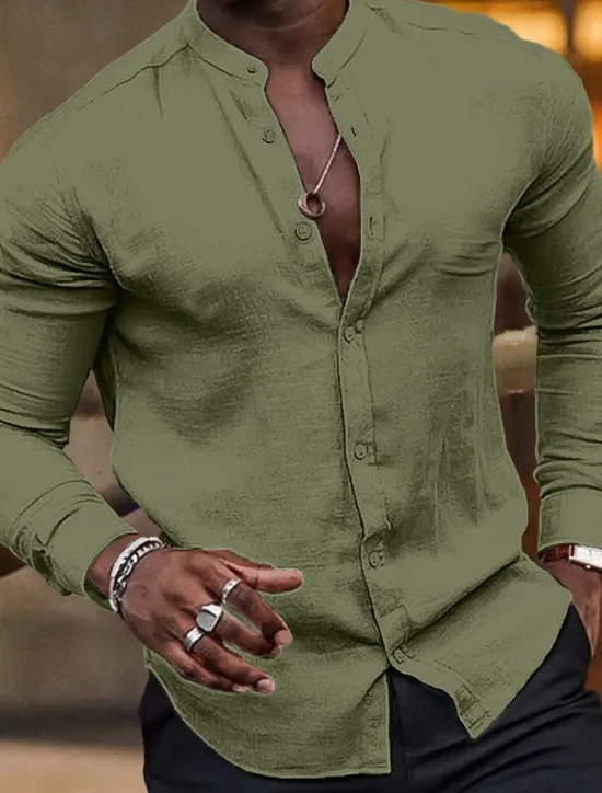 OUKU Men's Shirt Band Collar Shirt Summer Shirt Beach Wear Button Up Shirt Plain Vacation Hawaiian Black White Light Green Pink Long Sleeve Crew Neck Spring & Summer Clothing Apparel Basic