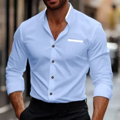 Best OUKU Men's Shirt Band Collar Shirt Dress Shirt Button Up Shirt Oxford Shirt Patchwork Wedding Vacation White Navy Blue Blue Gray Long Sleeve Standing Collar Spring & Summer Clothing Apparel Front Pocket