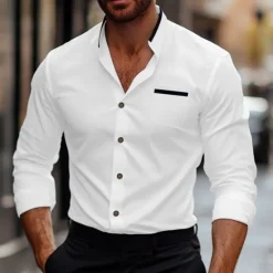 Best OUKU Men's Shirt Band Collar Shirt Dress Shirt Button Up Shirt Oxford Shirt Patchwork Wedding Vacation White Navy Blue Blue Gray Long Sleeve Standing Collar Spring & Summer Clothing Apparel Front Pocket