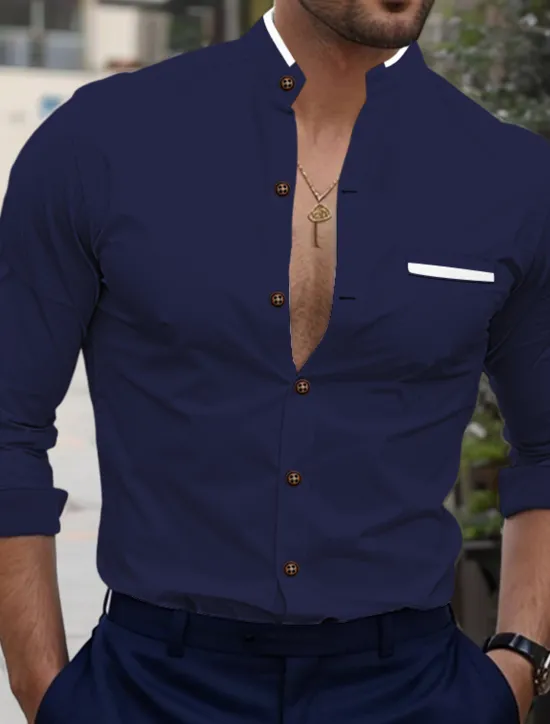 Clearance OUKU Men's Shirt Band Collar Shirt Dress Shirt Button Up Shirt Oxford Shirt Color Block Office & Career Wedding Party White Dark Blue Light Sky Blue Gray Long Sleeve Standing Collar Spring & Fall