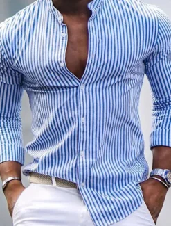 Hot OUKU Men's Shirt Band Collar Shirt Summer Shirt Beach Wear Casual Shirt Button Up Shirt Pink Blue Green Gray Long Sleeve Striped Stand Collar Vacation Hawaiian Print Clothing Apparel Fashion Classic