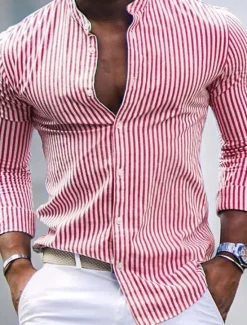 Hot OUKU Men's Shirt Band Collar Shirt Summer Shirt Beach Wear Casual Shirt Button Up Shirt Pink Blue Green Gray Long Sleeve Striped Stand Collar Vacation Hawaiian Print Clothing Apparel Fashion Classic