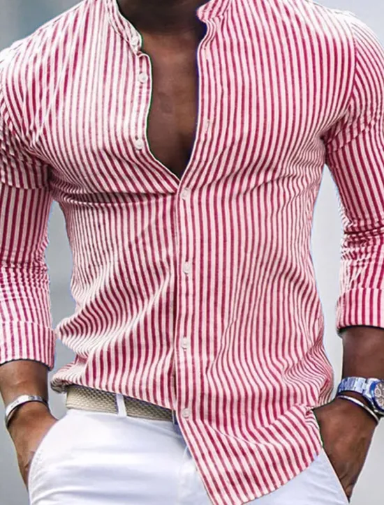 Hot OUKU Men's Shirt Band Collar Shirt Summer Shirt Beach Wear Casual Shirt Button Up Shirt Pink Blue Green Gray Long Sleeve Striped Stand Collar Vacation Hawaiian Print Clothing Apparel Fashion Classic
