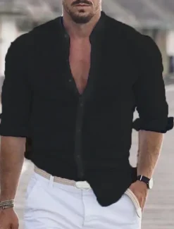 Outlet OUKU Men's Shirt Band Collar Shirt Summer Shirt Beach Wear Button Up Shirt Casual Shirt Black White Pink Army Green Long Sleeve Solid Color Collar Party Hawaiian Clothing Apparel