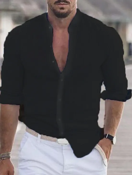 Outlet OUKU Men's Shirt Band Collar Shirt Summer Shirt Beach Wear Button Up Shirt Casual Shirt Black White Pink Army Green Long Sleeve Solid Color Collar Party Hawaiian Clothing Apparel