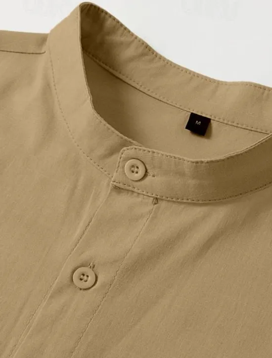 Outlet OUKU Men's Shirt Band Collar Shirt Summer Shirt Beach Wear Button Up Shirt Casual Shirt Black White Pink Army Green Long Sleeve Solid Color Collar Party Hawaiian Clothing Apparel