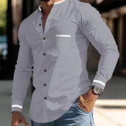 Discount OUKU Men's Shirt Band Collar Shirt Summer Shirt Dress Shirt Button Up Shirt White Dark Blue Gray Light Blue Long Sleeve Color Block Stand Collar Daily Vacation Front Pocket Clothing Apparel Cotton Cotton