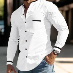 Discount OUKU Men's Shirt Band Collar Shirt Summer Shirt Dress Shirt Button Up Shirt White Dark Blue Gray Light Blue Long Sleeve Color Block Stand Collar Daily Vacation Front Pocket Clothing Apparel Cotton Cotton