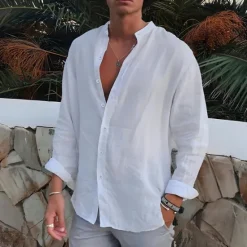 Clearance OUKU Men's Shirt Band Collar Shirt Summer Shirt Beach Wear Button Up Shirt Plain Outdoor Vacation Black White Blue Green Long Sleeve Turndown Spring & Fall Clothing Apparel