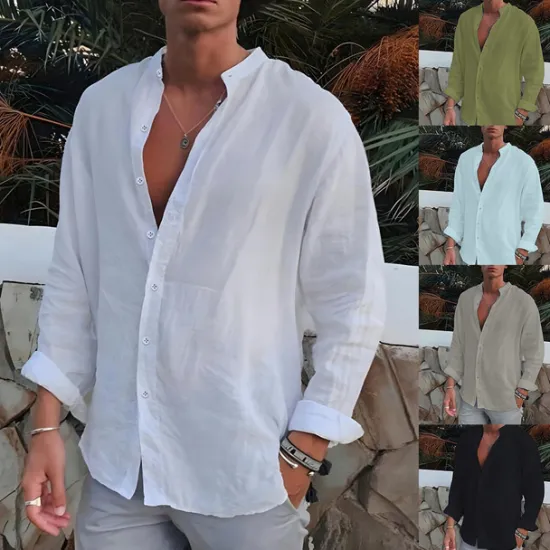 Clearance OUKU Men's Shirt Band Collar Shirt Summer Shirt Beach Wear Button Up Shirt Plain Outdoor Vacation Black White Blue Green Long Sleeve Turndown Spring & Fall Clothing Apparel