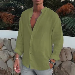 Clearance OUKU Men's Shirt Band Collar Shirt Summer Shirt Beach Wear Button Up Shirt Plain Outdoor Vacation Black White Blue Green Long Sleeve Turndown Spring & Fall Clothing Apparel