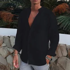Clearance OUKU Men's Shirt Band Collar Shirt Summer Shirt Beach Wear Button Up Shirt Plain Outdoor Vacation Black White Blue Green Long Sleeve Turndown Spring & Fall Clothing Apparel