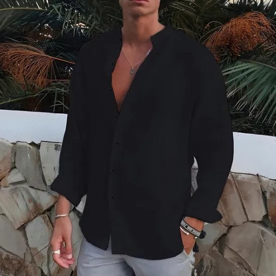 Clearance OUKU Men's Shirt Band Collar Shirt Summer Shirt Beach Wear Button Up Shirt Plain Outdoor Vacation Black White Blue Green Long Sleeve Turndown Spring & Fall Clothing Apparel