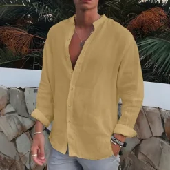 Clearance OUKU Men's Shirt Band Collar Shirt Summer Shirt Beach Wear Button Up Shirt Plain Outdoor Vacation Black White Blue Green Long Sleeve Turndown Spring & Fall Clothing Apparel