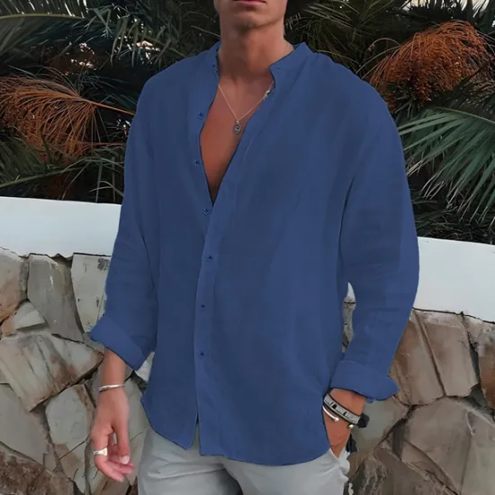 Clearance OUKU Men's Shirt Band Collar Shirt Summer Shirt Beach Wear Button Up Shirt Plain Outdoor Vacation Black White Blue Green Long Sleeve Turndown Spring & Fall Clothing Apparel
