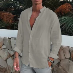 Clearance OUKU Men's Shirt Band Collar Shirt Summer Shirt Beach Wear Button Up Shirt Plain Outdoor Vacation Black White Blue Green Long Sleeve Turndown Spring & Fall Clothing Apparel