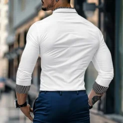 Discount OUKU Men's Shirt Band Collar Shirt Summer Shirt Dress Shirt Button Up Shirt Casual Shirt White Wine Blue Long Sleeve Stripe Band Collar Daily Vacation Splice Clothing Apparel Cotton Cotton Blend Fashion