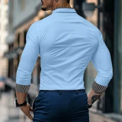 Discount OUKU Men's Shirt Band Collar Shirt Summer Shirt Dress Shirt Button Up Shirt Casual Shirt White Wine Blue Long Sleeve Stripe Band Collar Daily Vacation Splice Clothing Apparel Cotton Cotton Blend Fashion
