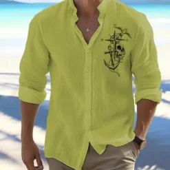 Best OUKU Men's Shirt Beach Shirt Button Up Shirt Anchor Outdoor Vacation White Pink Orange Green Long Sleeve Standing Collar Spring & Fall Clothing Apparel Print