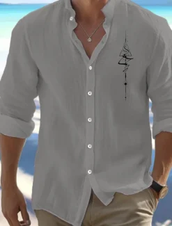 Online OUKU Men's Shirt Beach Shirt Button Up Shirt Symbol Outdoor Vacation Black White Pink Green Long Sleeve Standing Collar Spring & Fall Clothing Apparel Print