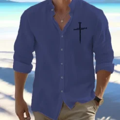 Best OUKU Men's Shirt Beach Shirt Button Up Shirt Faith Outdoor Vacation Black White Orange Light Grey Long Sleeve Standing Collar Spring & Fall Clothing Apparel Print