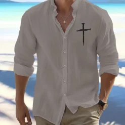 Best OUKU Men's Shirt Beach Shirt Button Up Shirt Faith Outdoor Vacation Black White Orange Light Grey Long Sleeve Standing Collar Spring & Fall Clothing Apparel Print