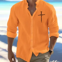Best OUKU Men's Shirt Beach Shirt Button Up Shirt Faith Outdoor Vacation Black White Orange Light Grey Long Sleeve Standing Collar Spring & Fall Clothing Apparel Print
