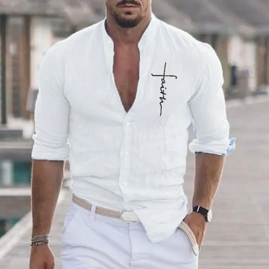 Clearance OUKU Men's Shirt Beach Shirt Graphic Prints Outdoor Vacation Black White Khaki Gray Long Sleeve Stand Collar Summer Spring Clothing Apparel Print