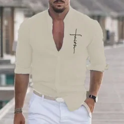 Clearance OUKU Men's Shirt Beach Shirt Graphic Prints Outdoor Vacation Black White Khaki Gray Long Sleeve Stand Collar Summer Spring Clothing Apparel Print
