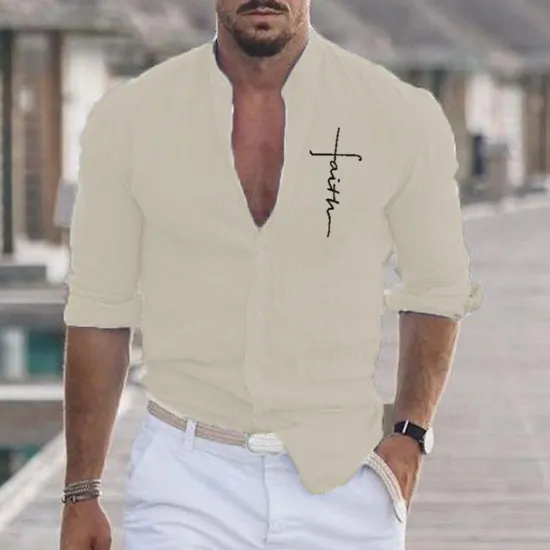 Clearance OUKU Men's Shirt Beach Shirt Graphic Prints Outdoor Vacation Black White Khaki Gray Long Sleeve Stand Collar Summer Spring Clothing Apparel Print