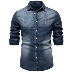 Outlet OUKU Men's Shirt Black Dark Blue Light Blue Long Sleeve Solid Color Rolled collar Outdoor Causal Buttons Clothing Apparel Daily Casual Daily Leisure