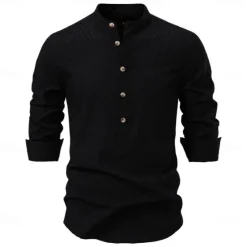 Hot OUKU Men's Shirt Black White khaki Long Sleeve Solid Color Standing Collar Outdoor Causal Buttons Clothing Apparel Daily Casual Daily Leisure