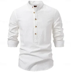 Hot OUKU Men's Shirt Black White khaki Long Sleeve Solid Color Standing Collar Outdoor Causal Buttons Clothing Apparel Daily Casual Daily Leisure